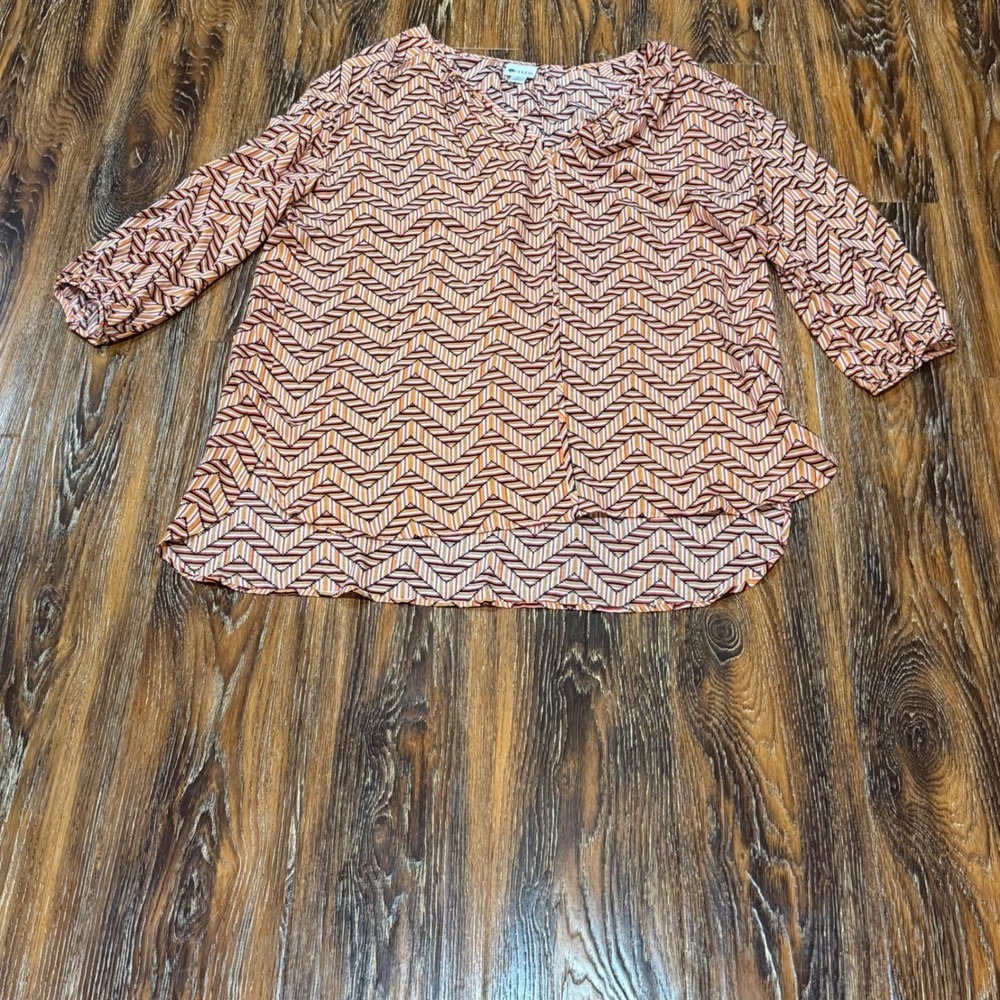 Stylus Womens XL Orange Chevron Geometric Split Neck 3/4 Sleeve Blouse Top